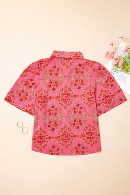 image-Rose Red Floral Print Shirt - Wide Short Sleeve Loose