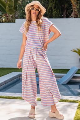 image-Pink Stripe Rainbow Tee Wide Leg Pants Set