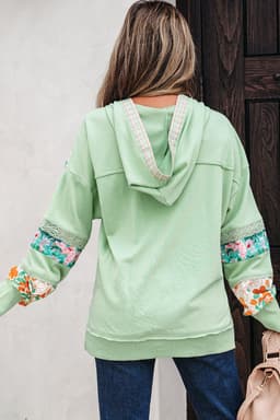 image-Lace Floral Patchwork Half Button Hooded Pullover - Aqua