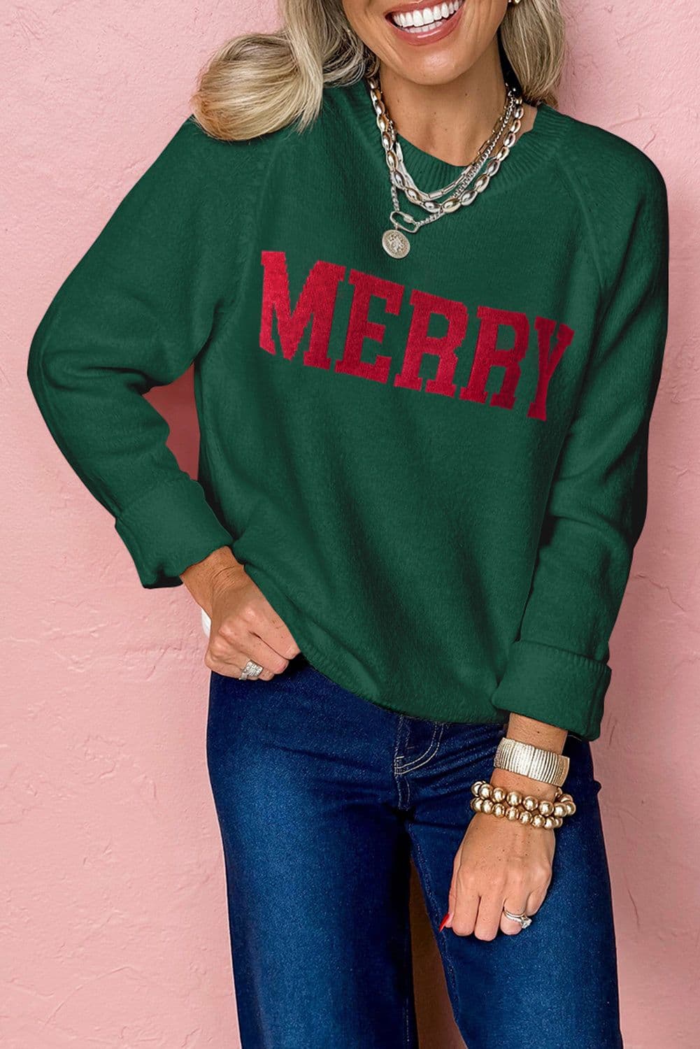image-Racing Red MERRY Letter Christmas Raglan Sweater