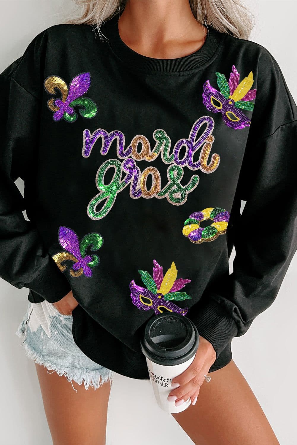image-Black Sequin Fleur de Lis Mardi Gras Pullover Sweatshirt