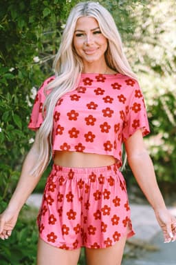 image-Rose Floral Print Crop Tee and Shorts Lounge Set