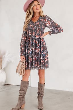 image-Brown Floral Mesh Mini Dress - Smocked Bodice Long Sleeve