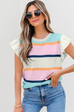 image-Multicolor Striped Flutter Sleeve Sweater Top