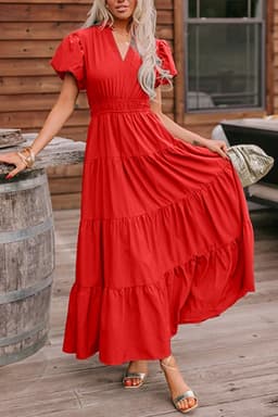 image-Bright Green V Neck Puff Sleeve High Waist Tiered Maxi
