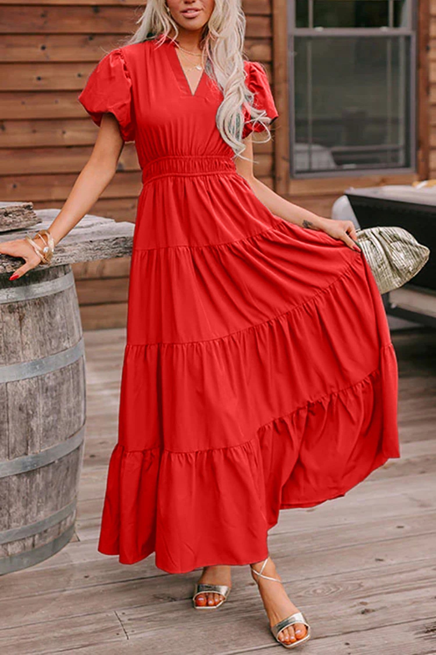 image-Bright Green V Neck Puff Sleeve High Waist Tiered Maxi
