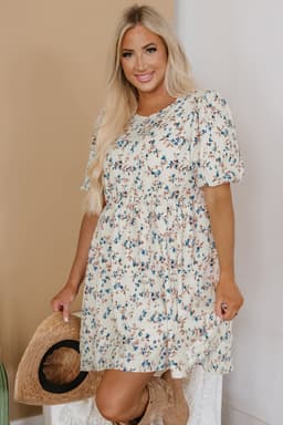 image-Beige Floral Puff Short Sleeve Empire Waist Mini Dress