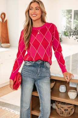image-Rose Red Glitter Rhombus Pattern Knit Womens Casual Sweater