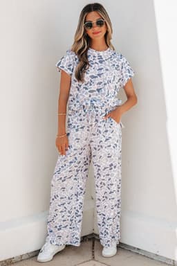 image-Beige Camouflage Print Twisted Rib Loose Tee Drawstring Pants Set