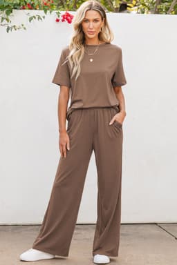 image-Solid Color T-Shirt & Wide Leg Pants Set - 2pcs - Comfortable Fabric