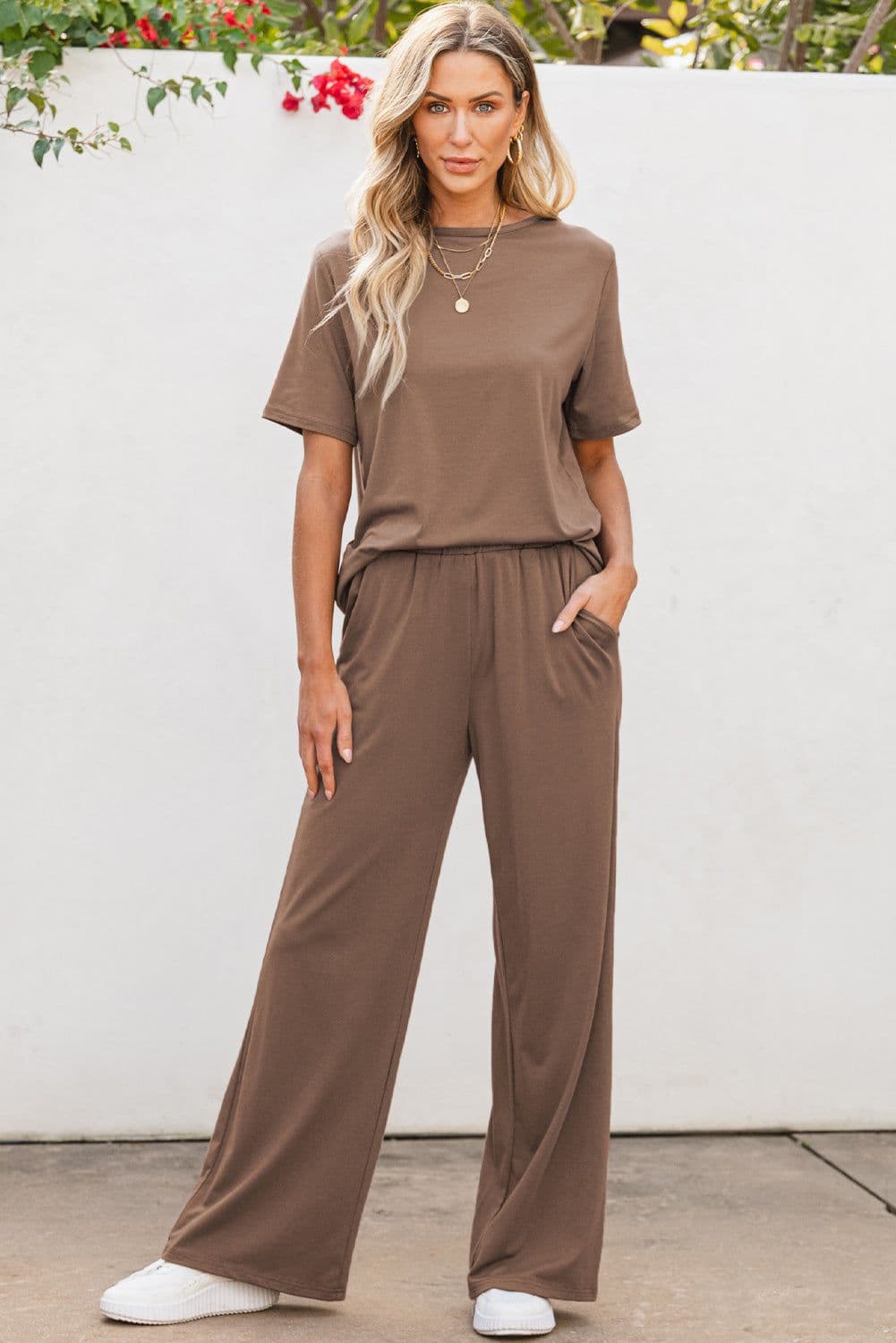 image-Solid Color T-Shirt & Wide Leg Pants Set - 2pcs - Comfortable Fabric