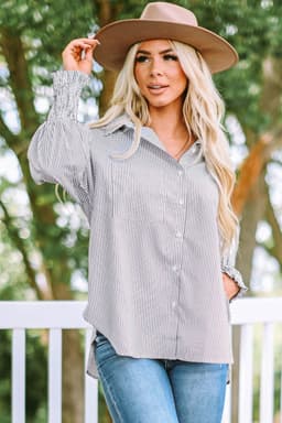 image-Sky Blue Striped Boyfriend Shirt with Pocket - Smocked Cuffs