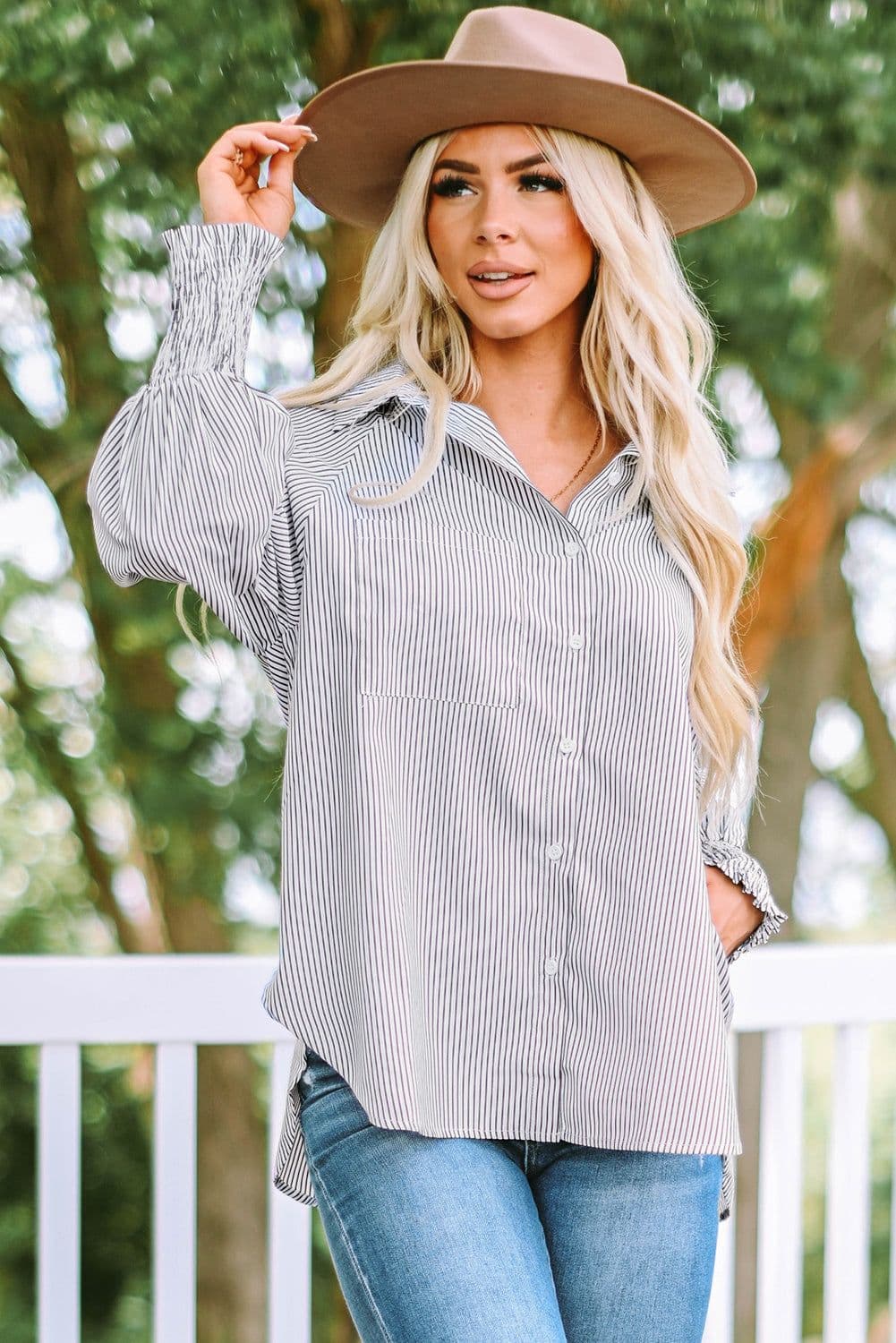 image-Sky Blue Striped Boyfriend Shirt with Pocket - Smocked Cuffs