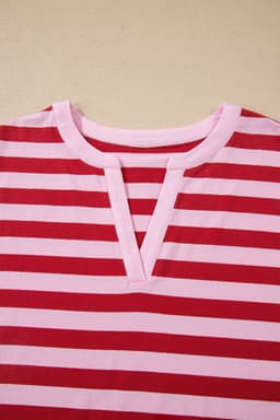 image-Pink Stripe Split V Neck T Shirt