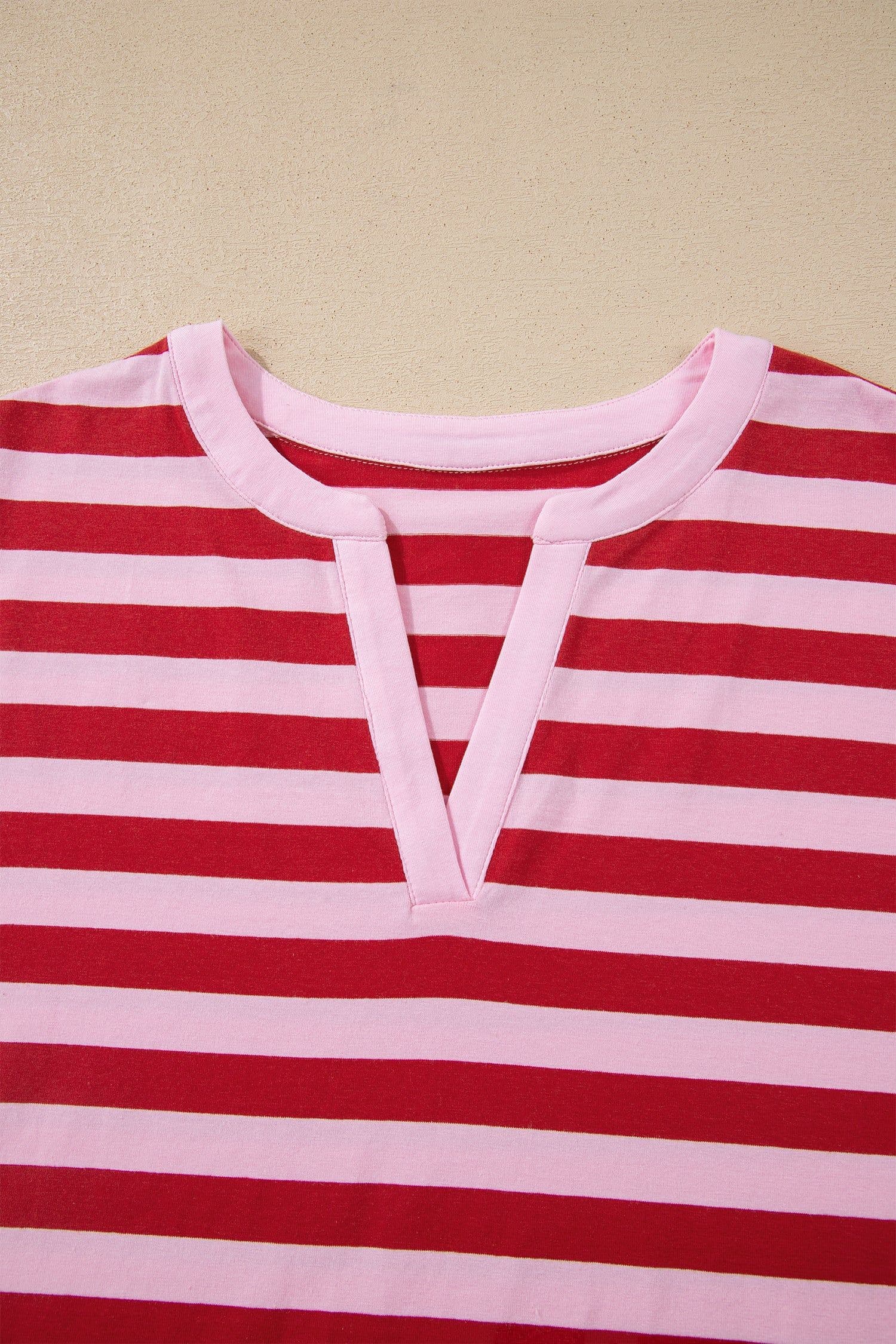 image-Pink Stripe Split V Neck T Shirt