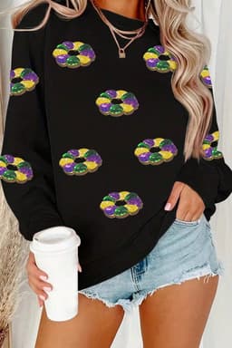 image-Black Sequined Donuts Drop Shoulder Sweatshirt