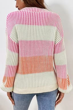 image-Textured Knit Colorblock Sweater - Bubble Sleeves - Brown