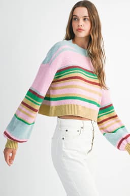 image-Multicolour Striped Knit Ribbed Trim Boxy Fit Cropped Sweater