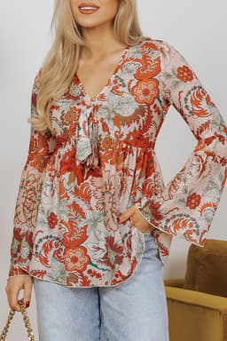 image-Floral Print Deep V Neck Knot Bell Sleeve Blouse - Orange