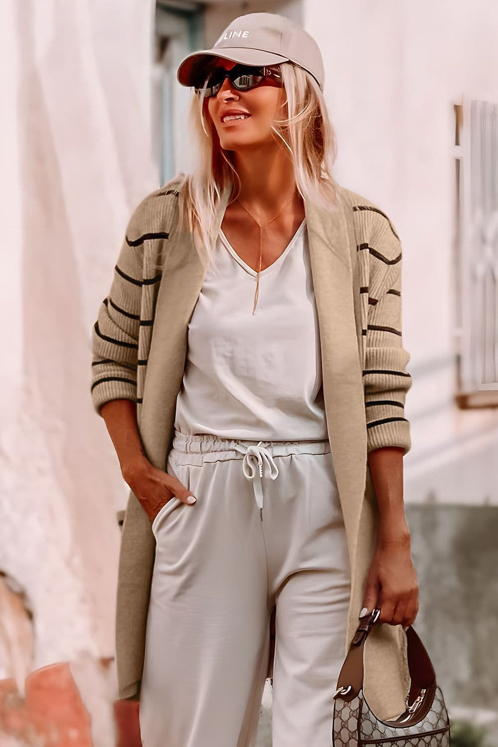image-Black Stripe Shawl Neckline Open Cardigan with Pockets