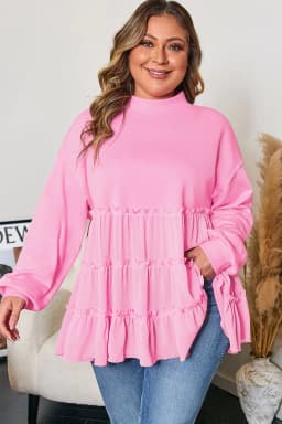 image-Pink Tiered Ruffle Ribbed Crew Neck Pullover Plus Size Top