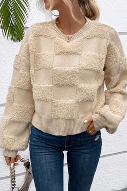 image-Checkered Sherpa Crew Neck Sweater - Parchment Loose Fit