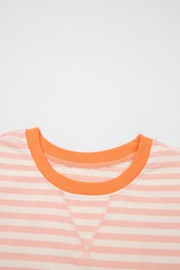 image-Pink Stripe Contrast Neck Loose Tee and Drawstring Shorts Set