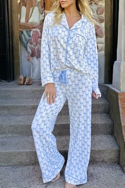 image-Sky Blue Bow Print Pajama Set Long Sleeve