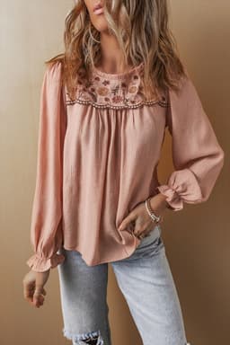 image-Pink Floral Embroidered Blouse - Flounce Sleeve Elegant Top
