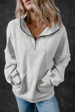 image-Light Grey Kangaroo Pocket Zip-up Sweatshirt (56 characters)