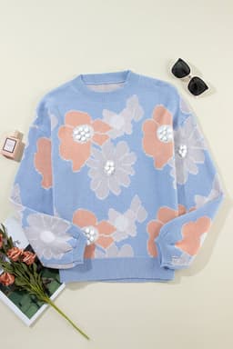 image-Beau Blue Floral O-Neck Drop Shoulder Sweater