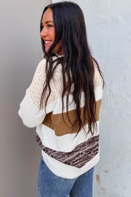 image-Green Mixed Texture Knit Striped Color Block Loose Sweater