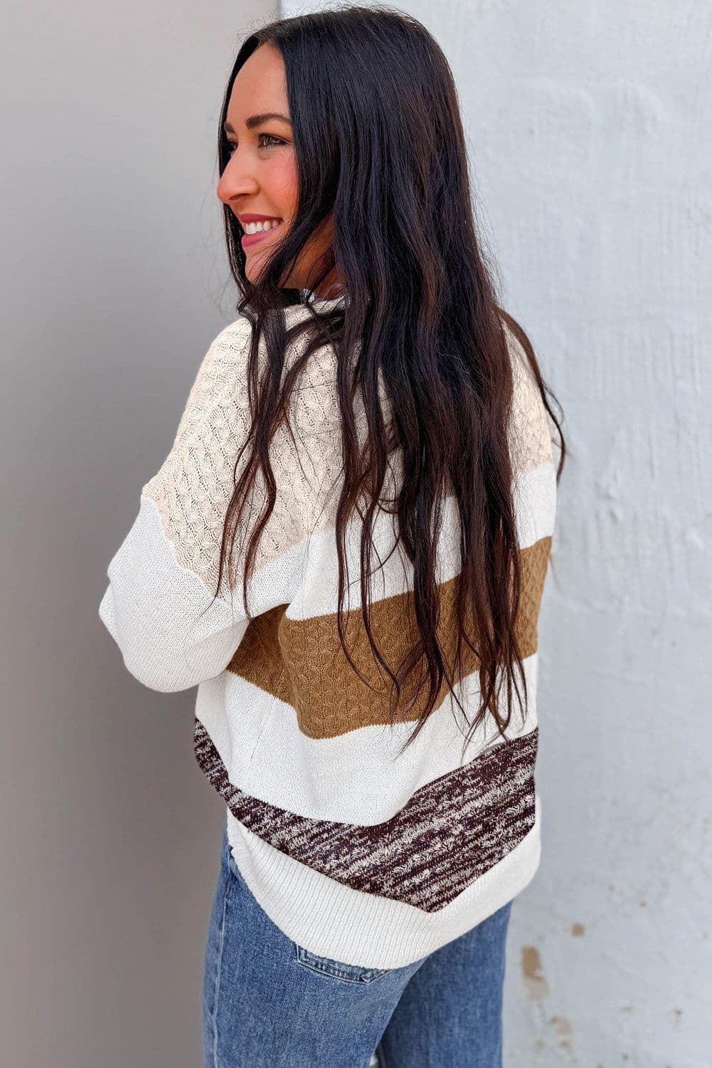 image-Green Mixed Texture Knit Striped Color Block Loose Sweater