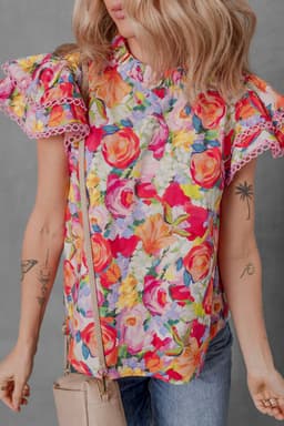 image-Floral Short Sleeve Ruffled Lace Trim Blouse (58 characters)