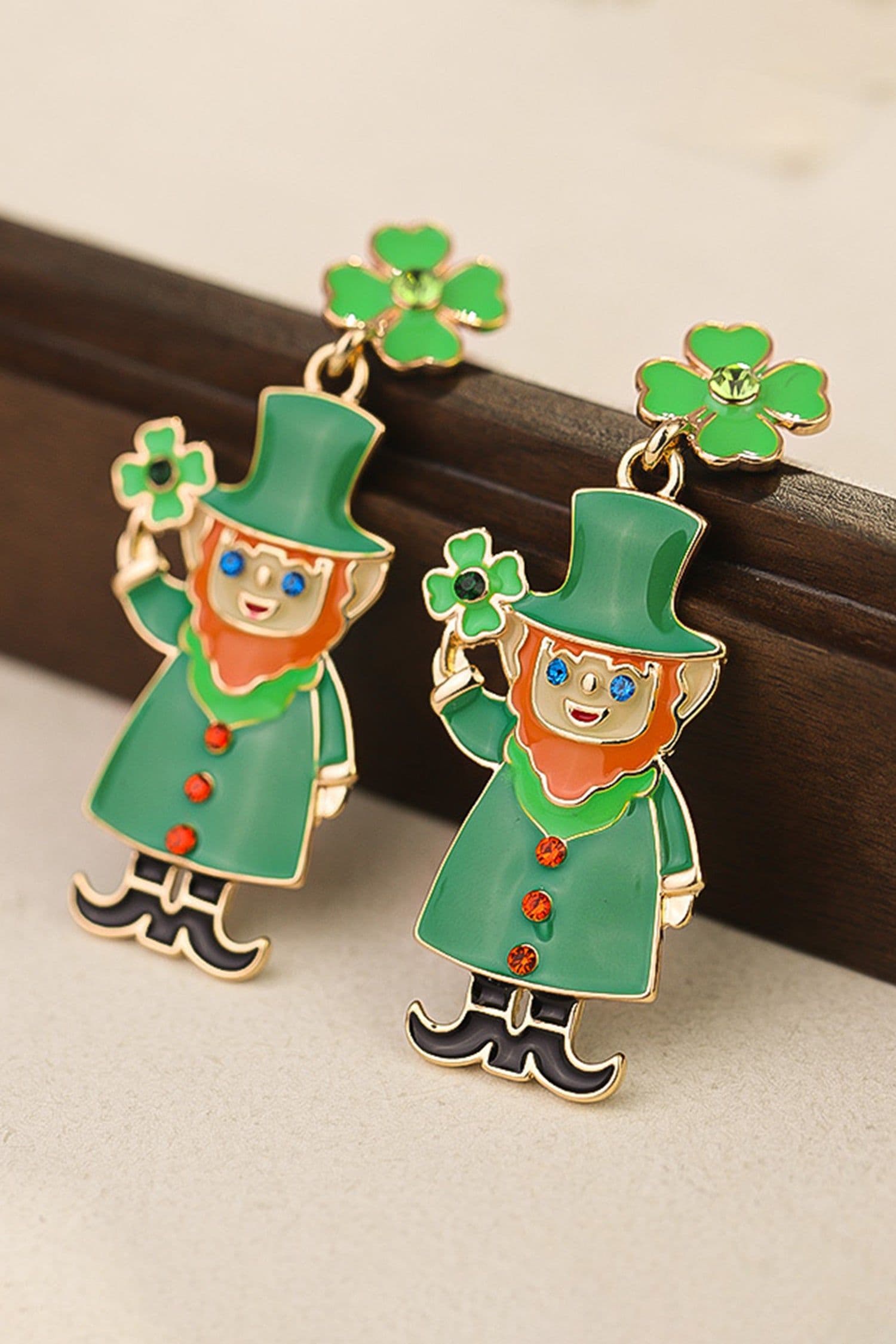 image-Dark Green Leprechaun Drop Earrings - Enamel