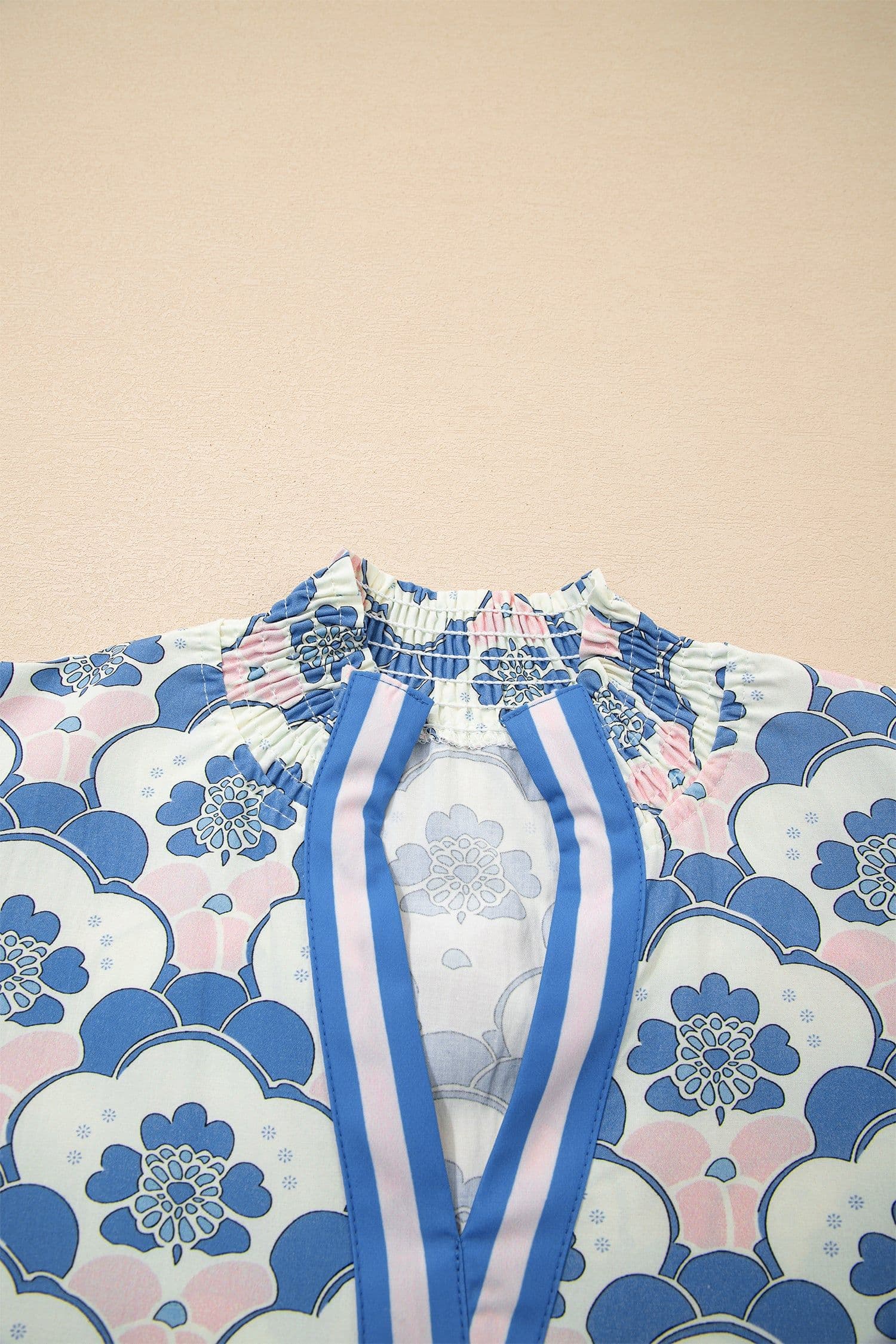 image-Sky Blue Floral Print Flounced Short Sleeve Contrast Trim V Neck Blouse