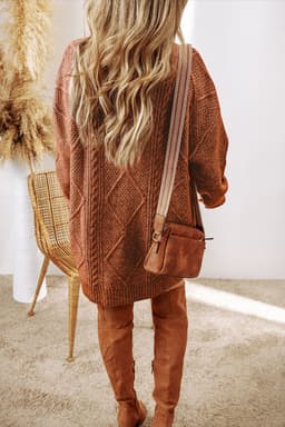 image-Oatmeal Cable Knit Drop Shoulder Loose Fit Sweater Dress
