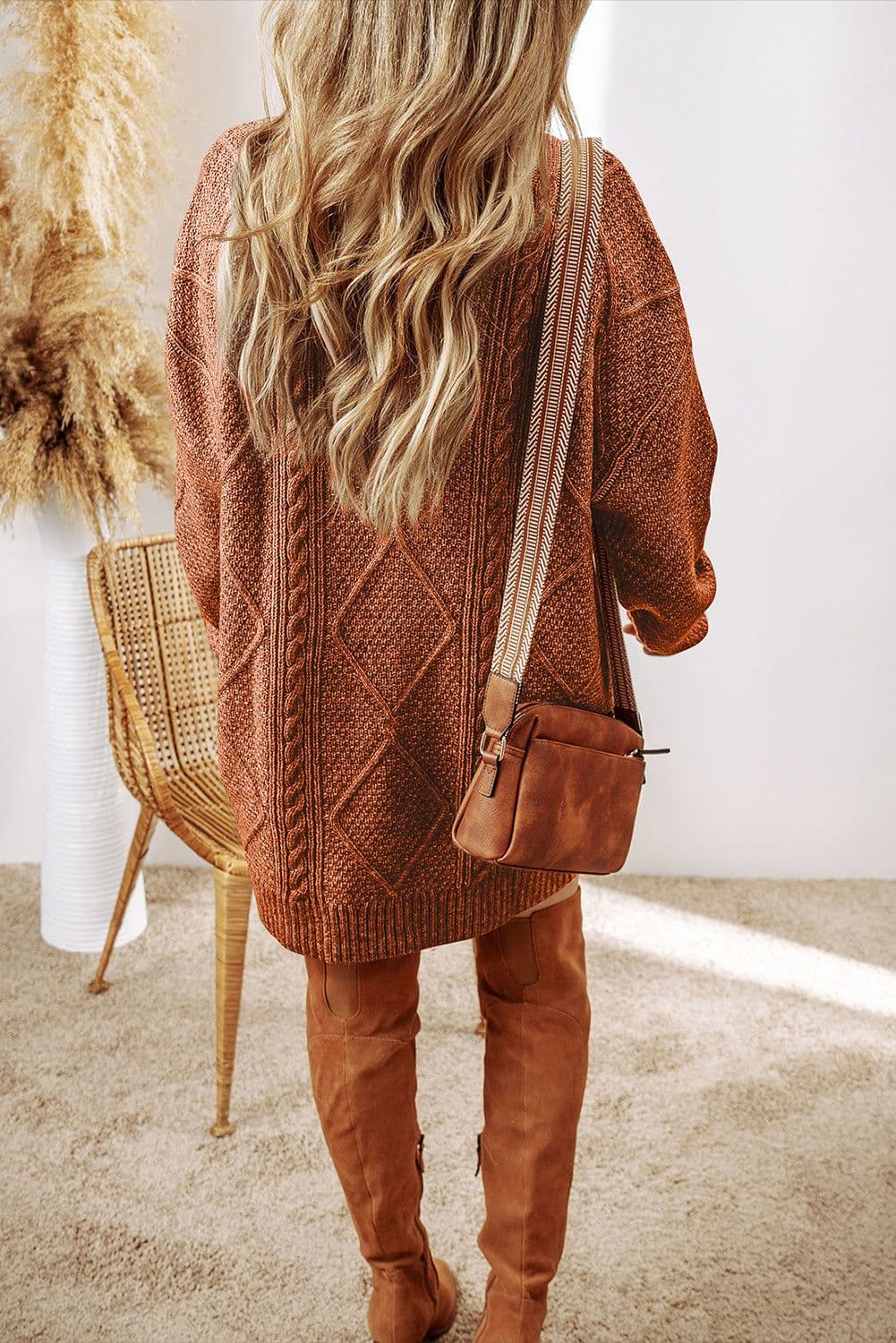image-Oatmeal Cable Knit Drop Shoulder Loose Fit Sweater Dress