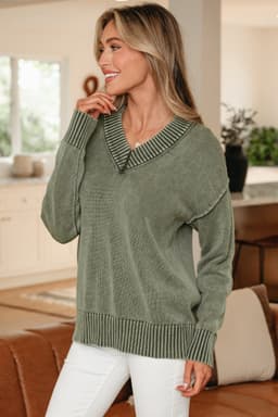 image-Four Leaf Clover Mineral Wash V Neck Knit Exposed Seam Drop Shoulder Loose Sweater