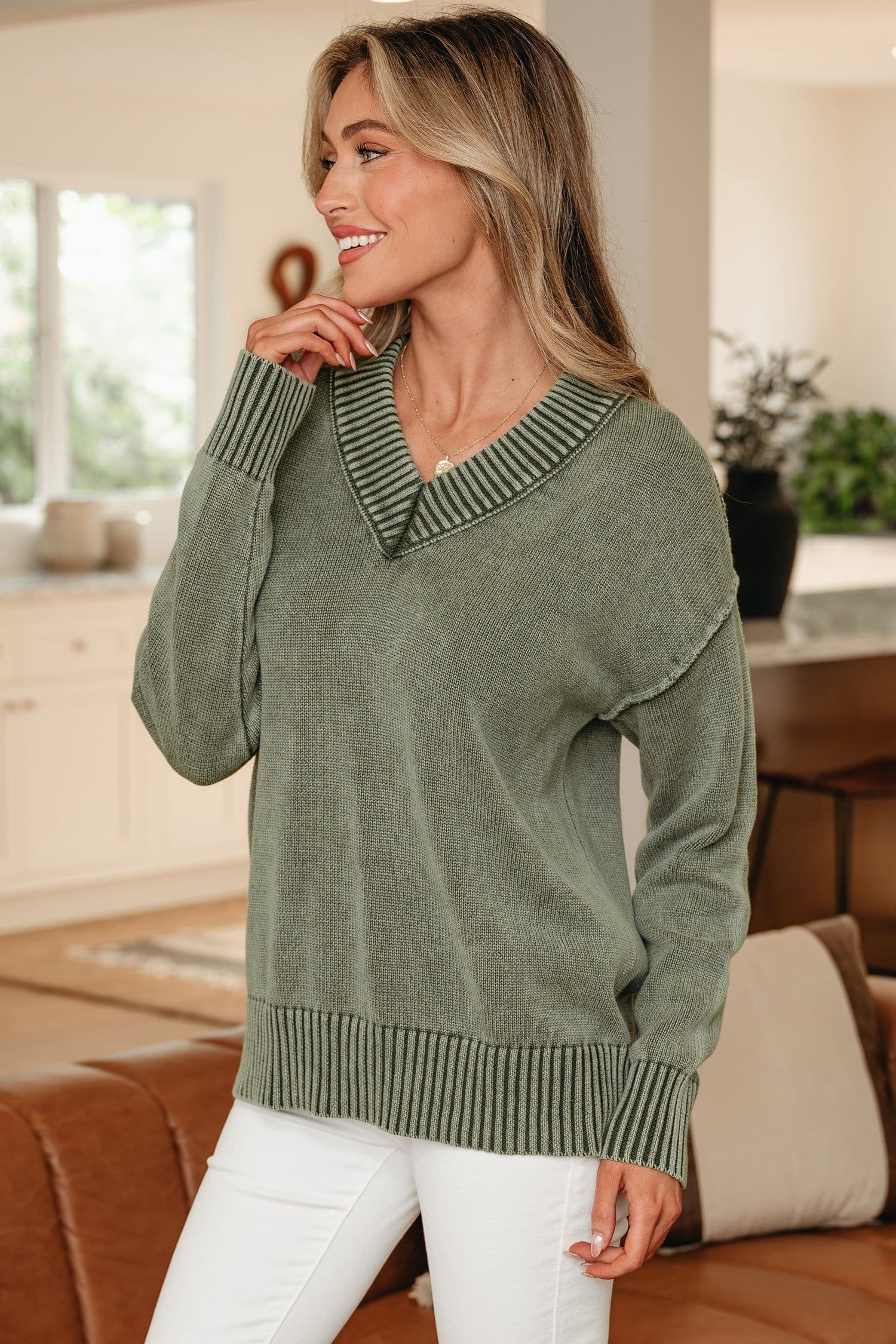 image-Four Leaf Clover Mineral Wash V Neck Knit Exposed Seam Drop Shoulder Loose Sweater