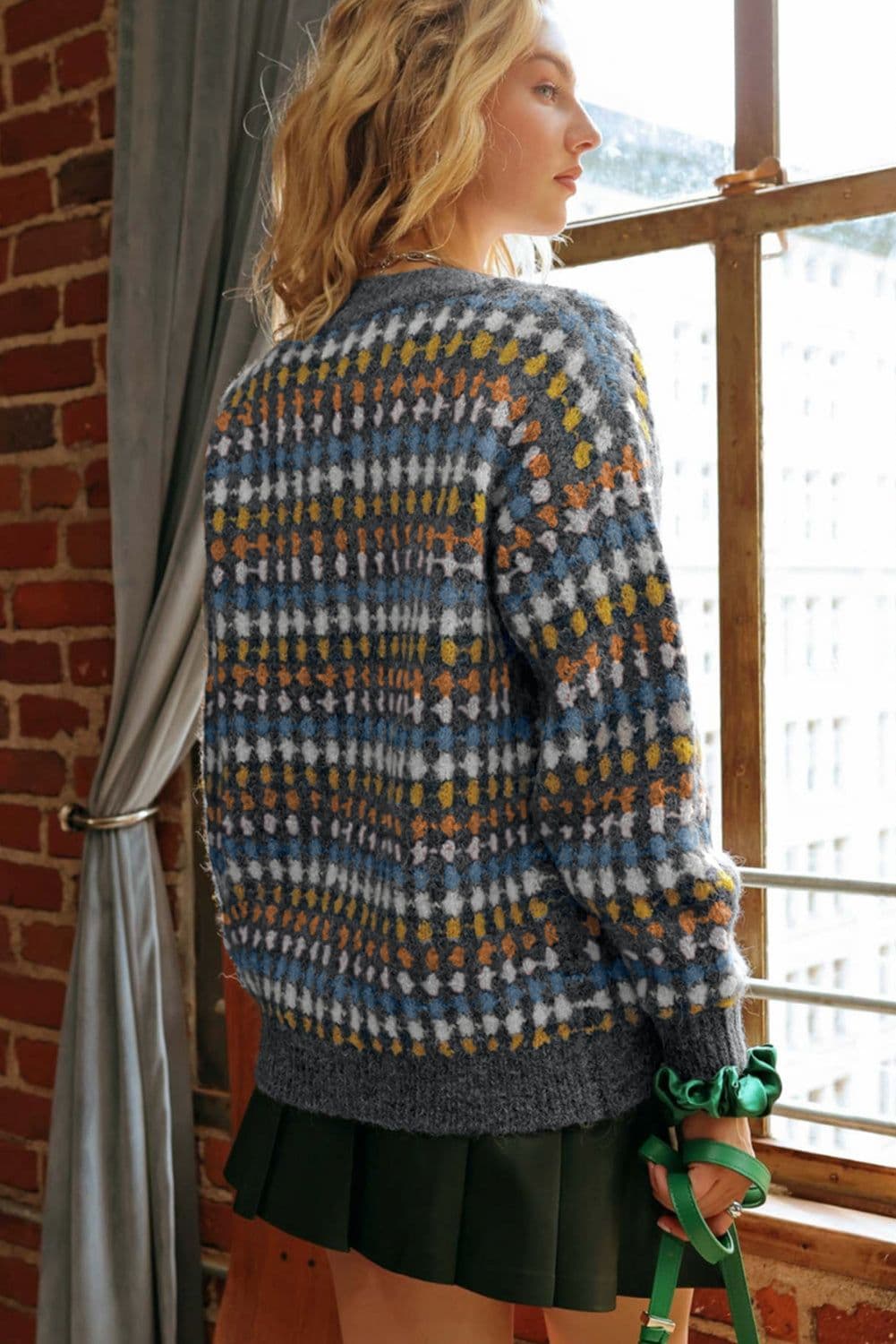 image-Multicolour Dotty Knit Cardigan - Button Front V Neck