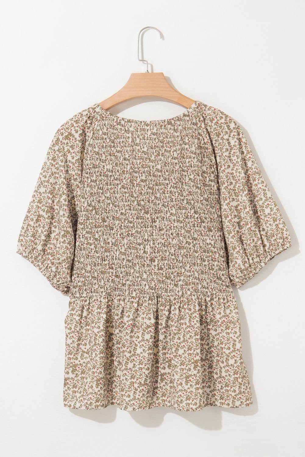 image-Floral Print Puff Sleeve Smocked Top with Peplum Waist V-Neck