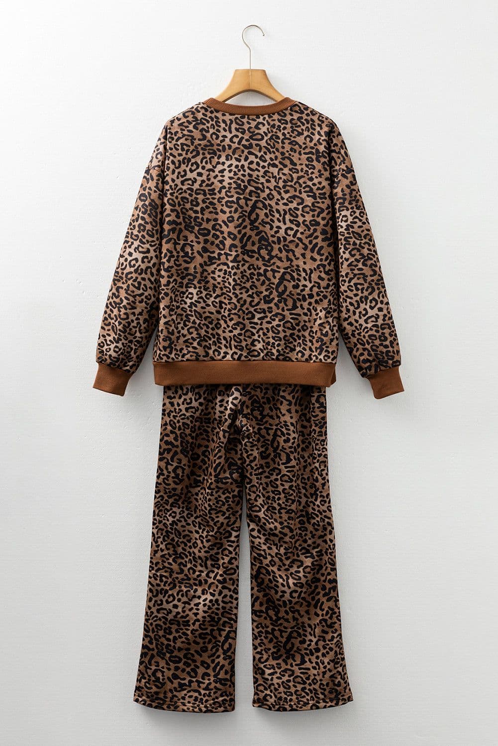 image-Coffee Leopard Print Contrast Trim Long Sleeve Top and Pants Set