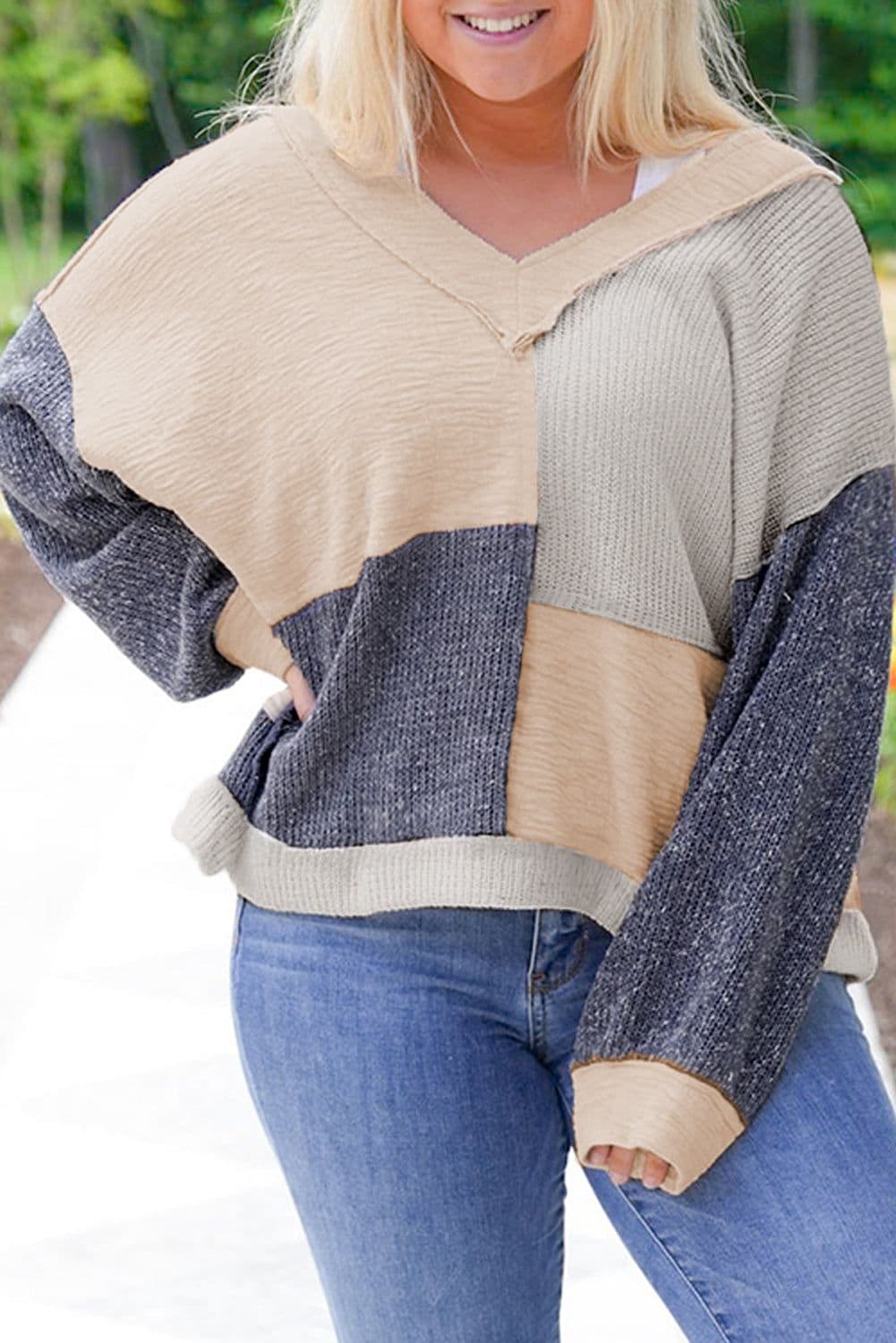 image-Plus Size Ashleigh Textured Colorblock Patchwork V Neck Top - Blue