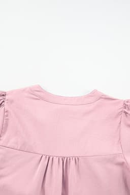 image-Pink Floral Embroidered Puff Sleeve Blouse with Split Neck & Tie Detail