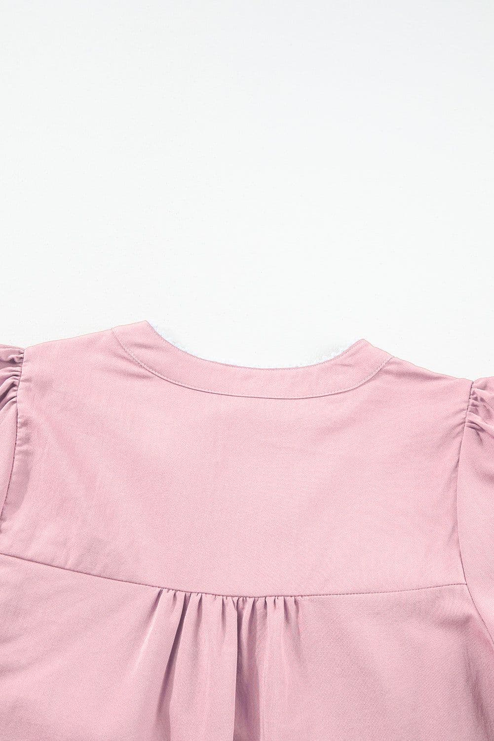 image-Pink Floral Embroidered Puff Sleeve Blouse with Split Neck & Tie Detail