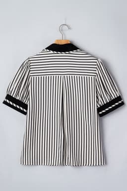 image-Green Stripe Collared Split Neck Bubble Sleeve Blouse