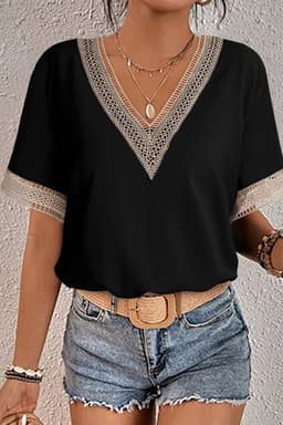 image-Black Lace Trim V-Neck Short Sleeve Blouse - Size Chart Available