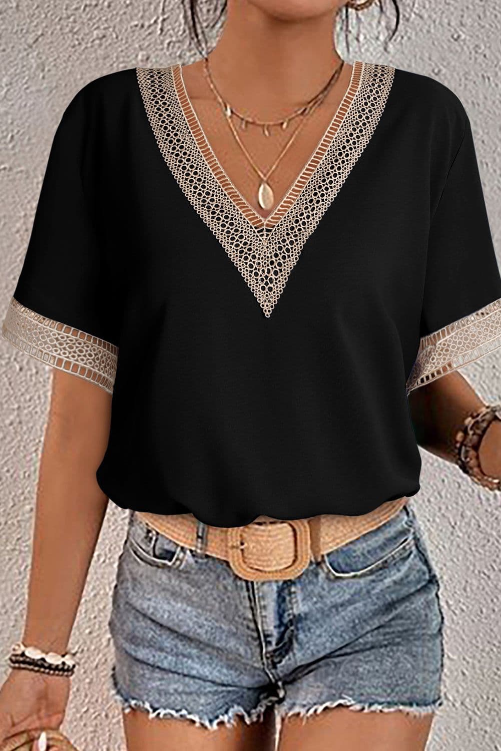 image-Black Lace Trim V-Neck Short Sleeve Blouse - Size Chart Available