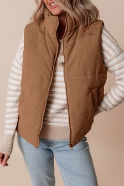 image-Beige Corduroy Puffer Vest Zip Stand Neck